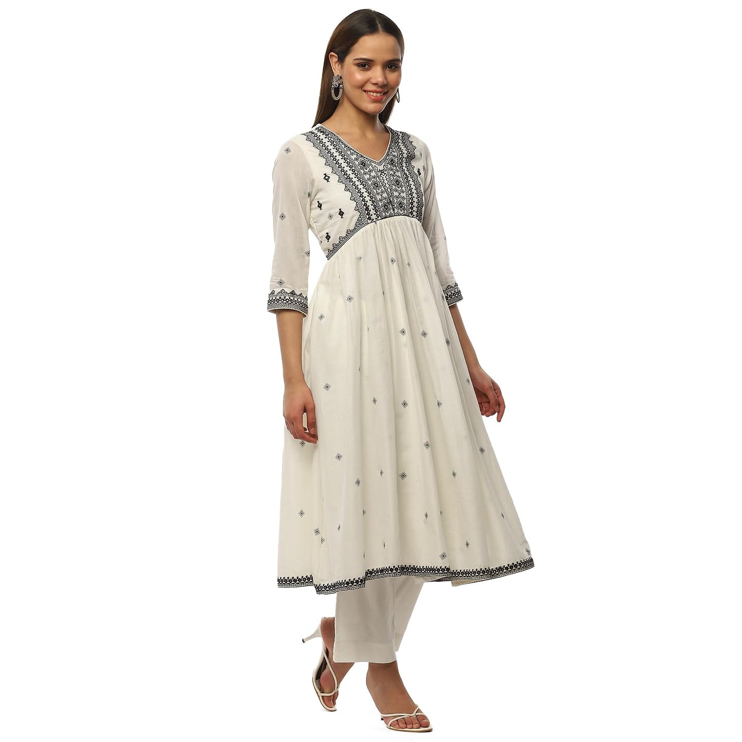 BIBA Women EMBROIDERY GATHERED SALWAR KURTA DUPATTA(SKDBLACK & WHITE9429_OFF WHITE_42)