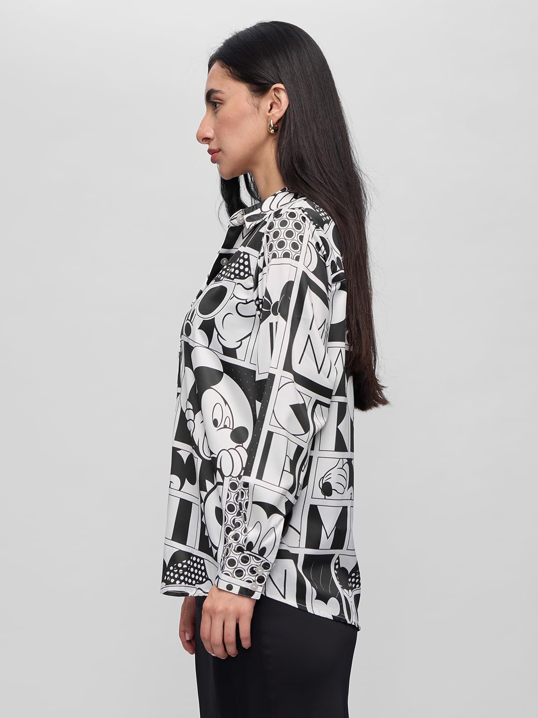 The Souled Store Official Mickey Mouse: Checkered Charm Women and Girls Long Sleeve Collared Neck All Over Print Button Front Regular Fit Shirts Multicolour