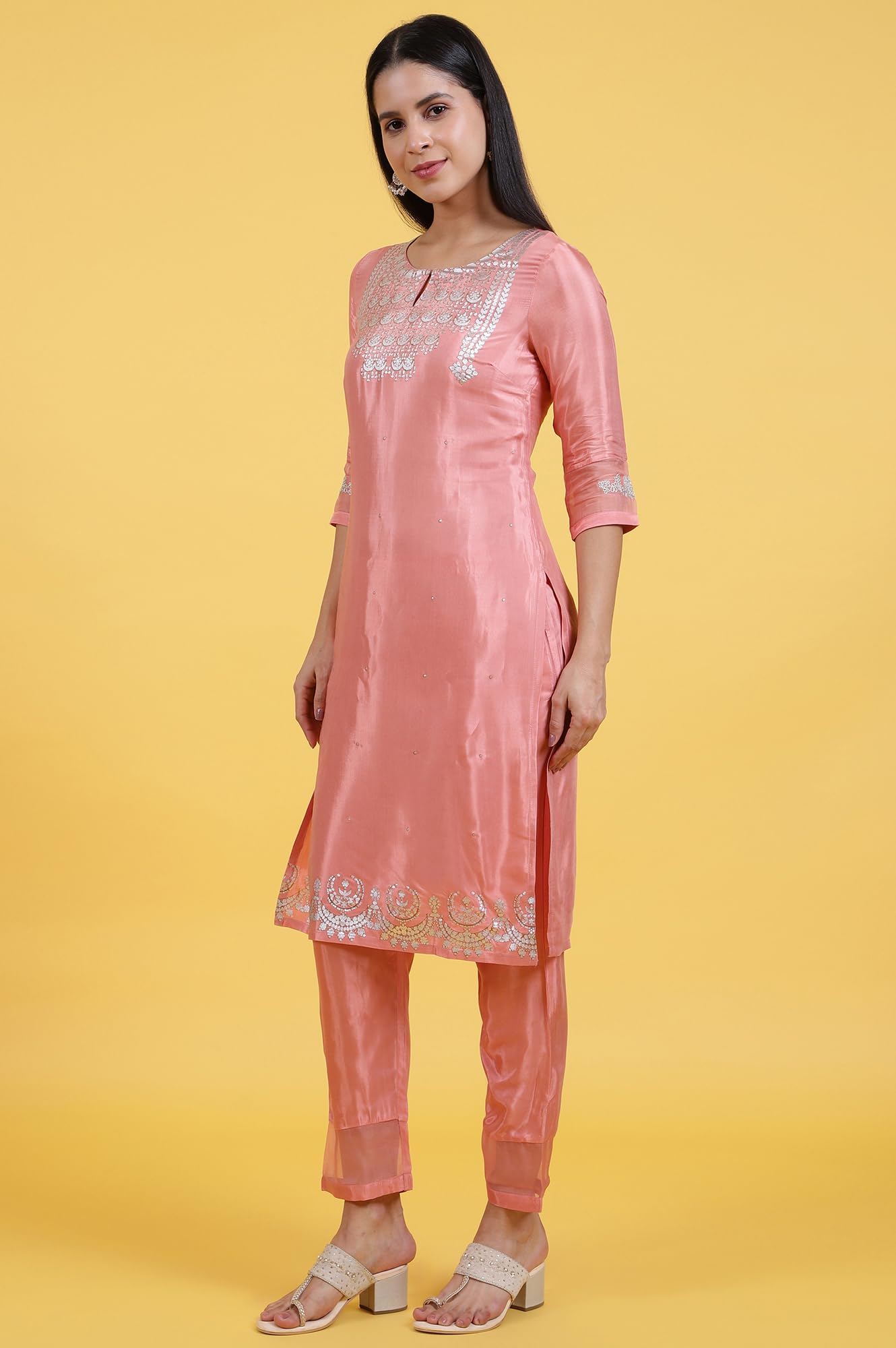 W for Woman Pink Printed Shantung Straight Kurta, Pants and Dupatta Set (Size: XL)-WS12305-112668