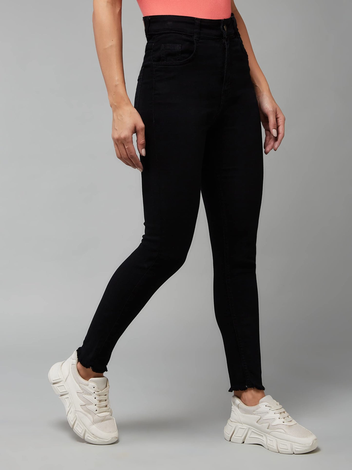 Dolce Crudo Women's Skinny Fringed Detailing High Rise Cropped Stretchable Denim Jeans (DOAW18DEN02-76-380-38, Jet Black, 38)