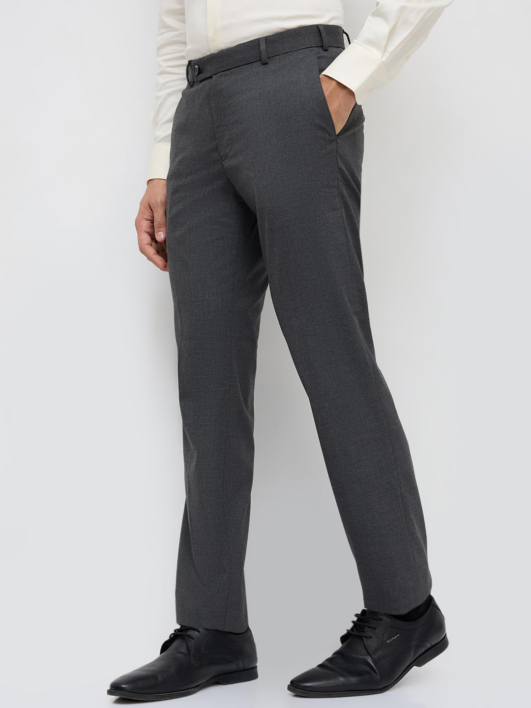 Park Avenue Men Slim Fit Solid Pattern Polyester Blend Flat Front Formal Trouser Dark Grey