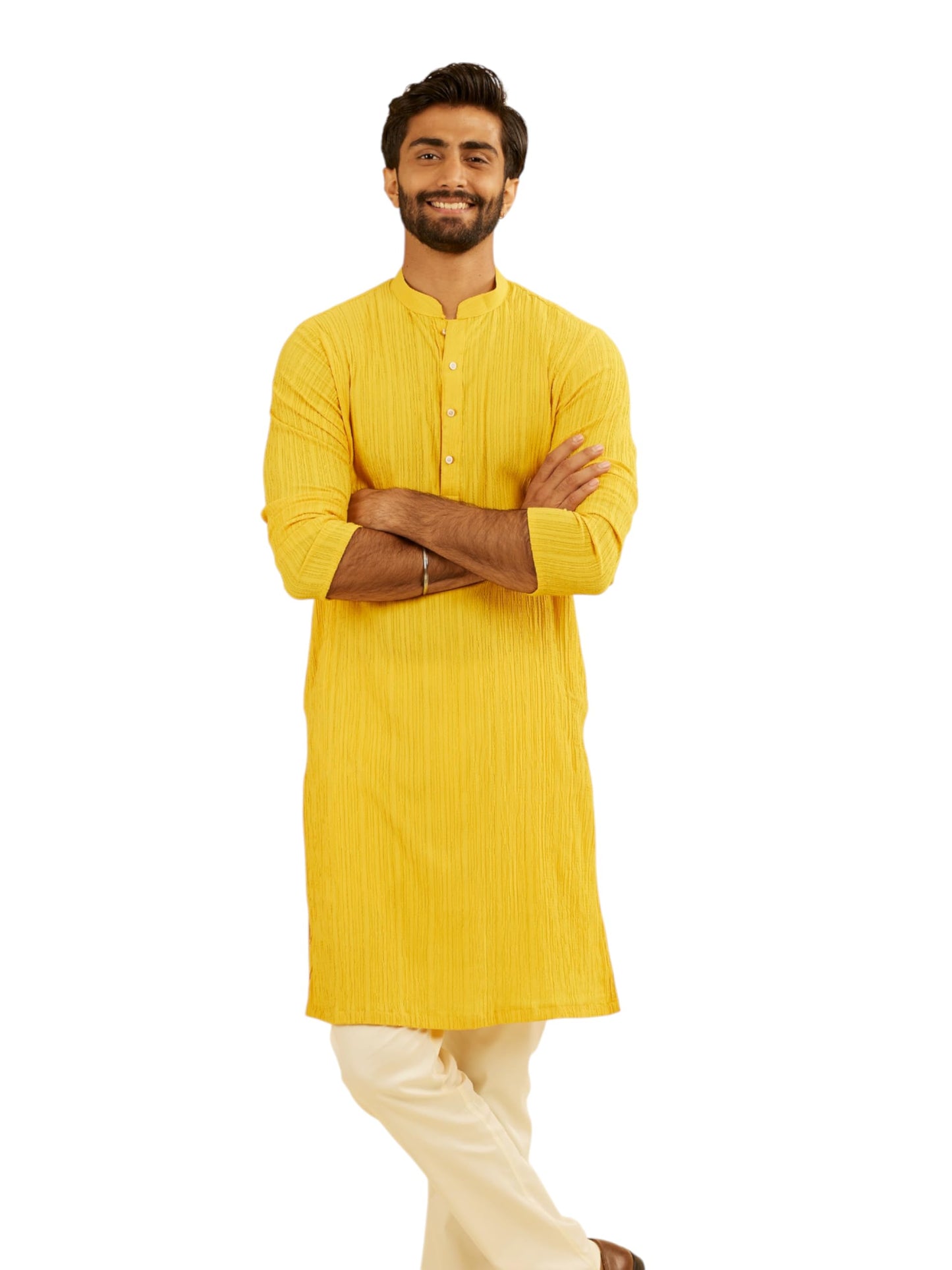 Manyavar Men's Spandex Self Design Kurta (Mustard,XL)