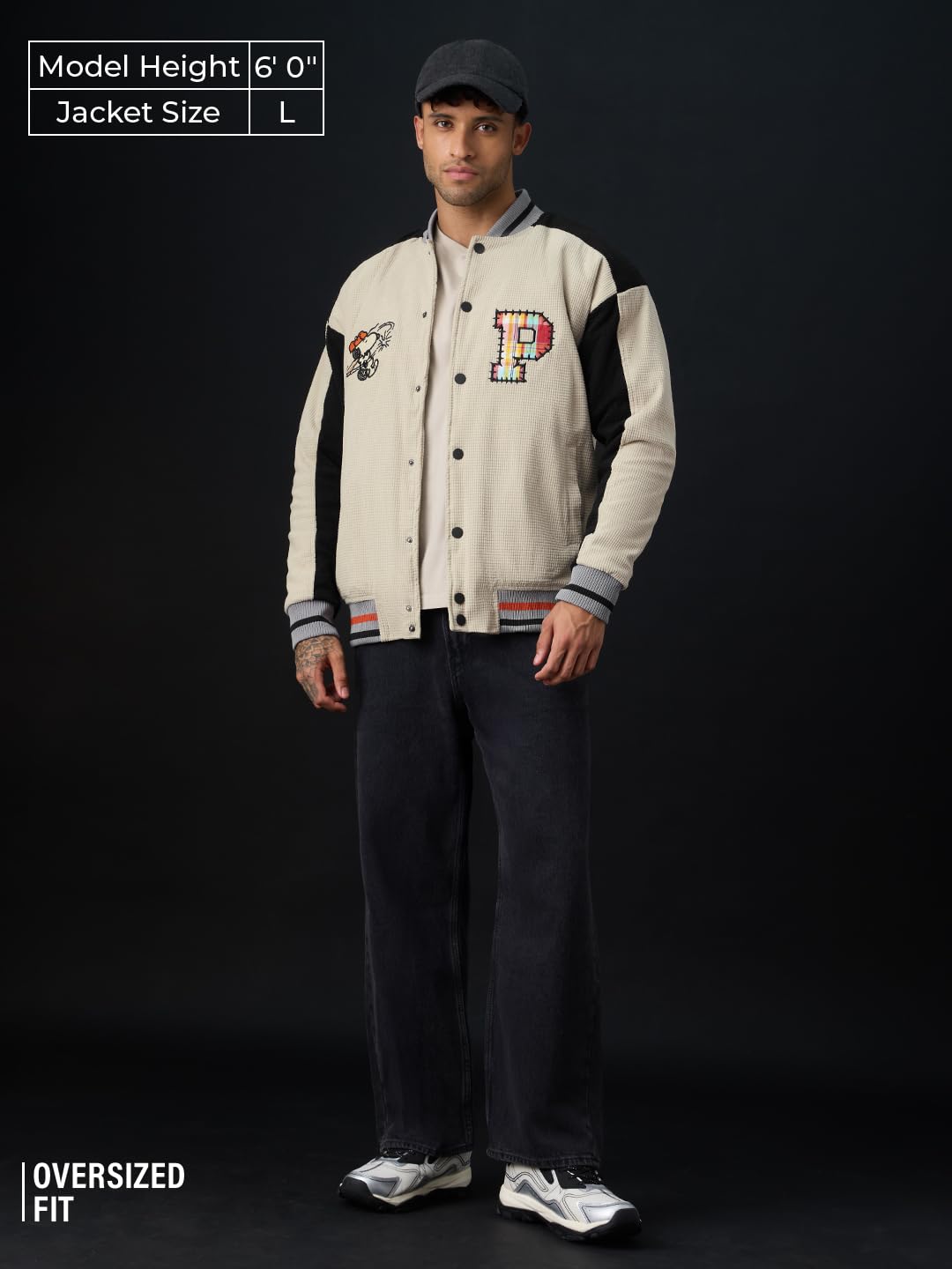 The Souled Store Peanuts: Happy Days Men and Boys Full Sleeves Mandarin Collar Light Beige Typography Embroidered Polyester Oversized Fit Lightweight Everyday Bomber Jacket