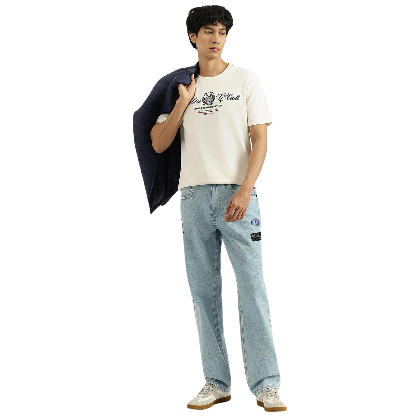 United Colors of Benetton Relaxed Fit Round Neck Embroidered T-Shirt (Size: L) - 25A3E99J3801I074 White