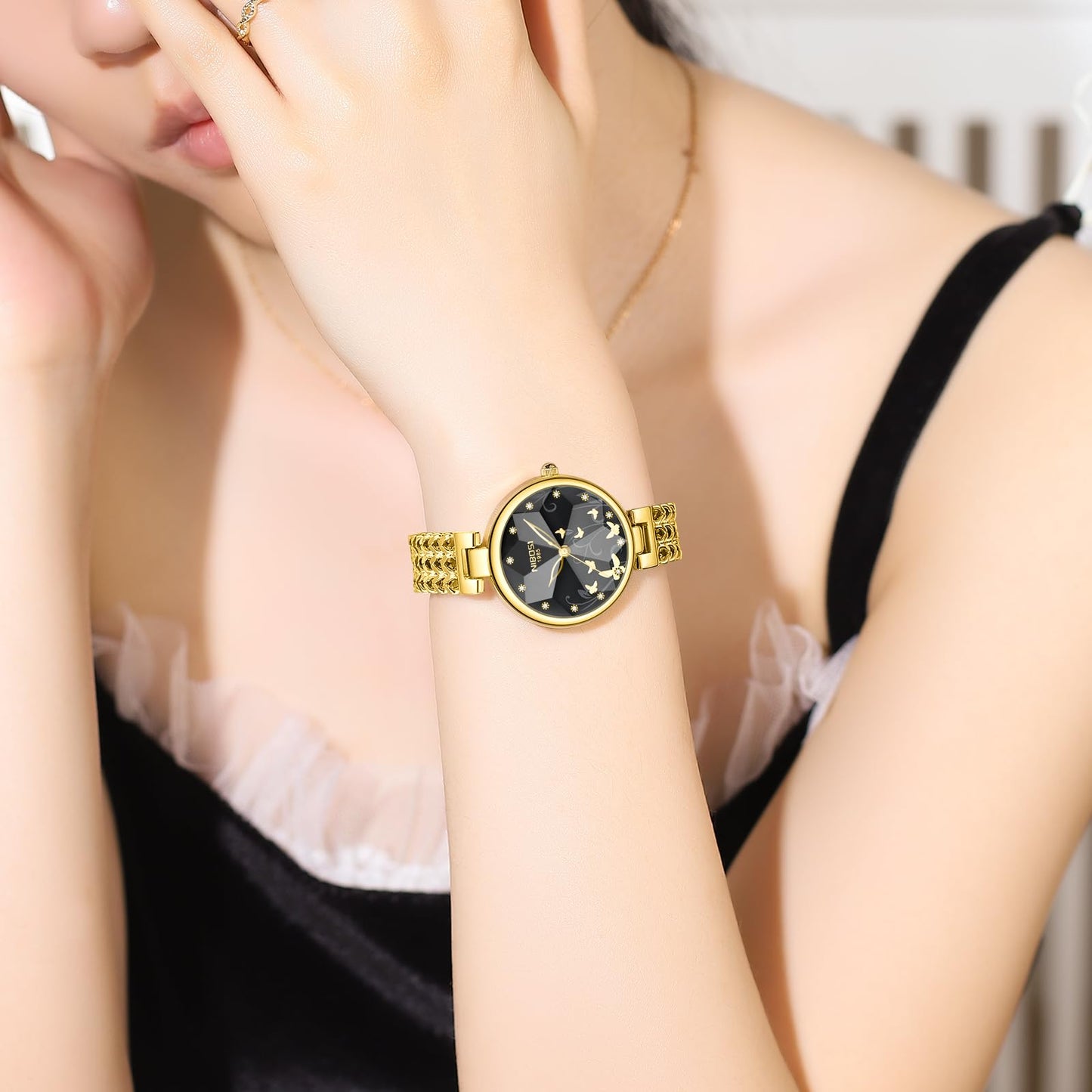 NIBOSI Watch for Woman Analog Quartz Diamond Rose Gold Women Watches Stylish Elegant Waterproof Stainless Steel Wrist Watch Jewelry Bracelet (Gold Black)