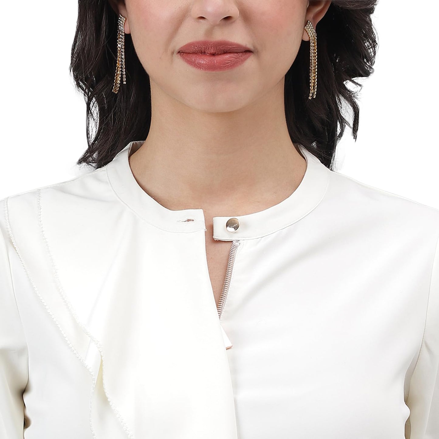 Latin Quarters Women Ivory 3/4 Sleeve Mandarin Collar Solid Top_XXL