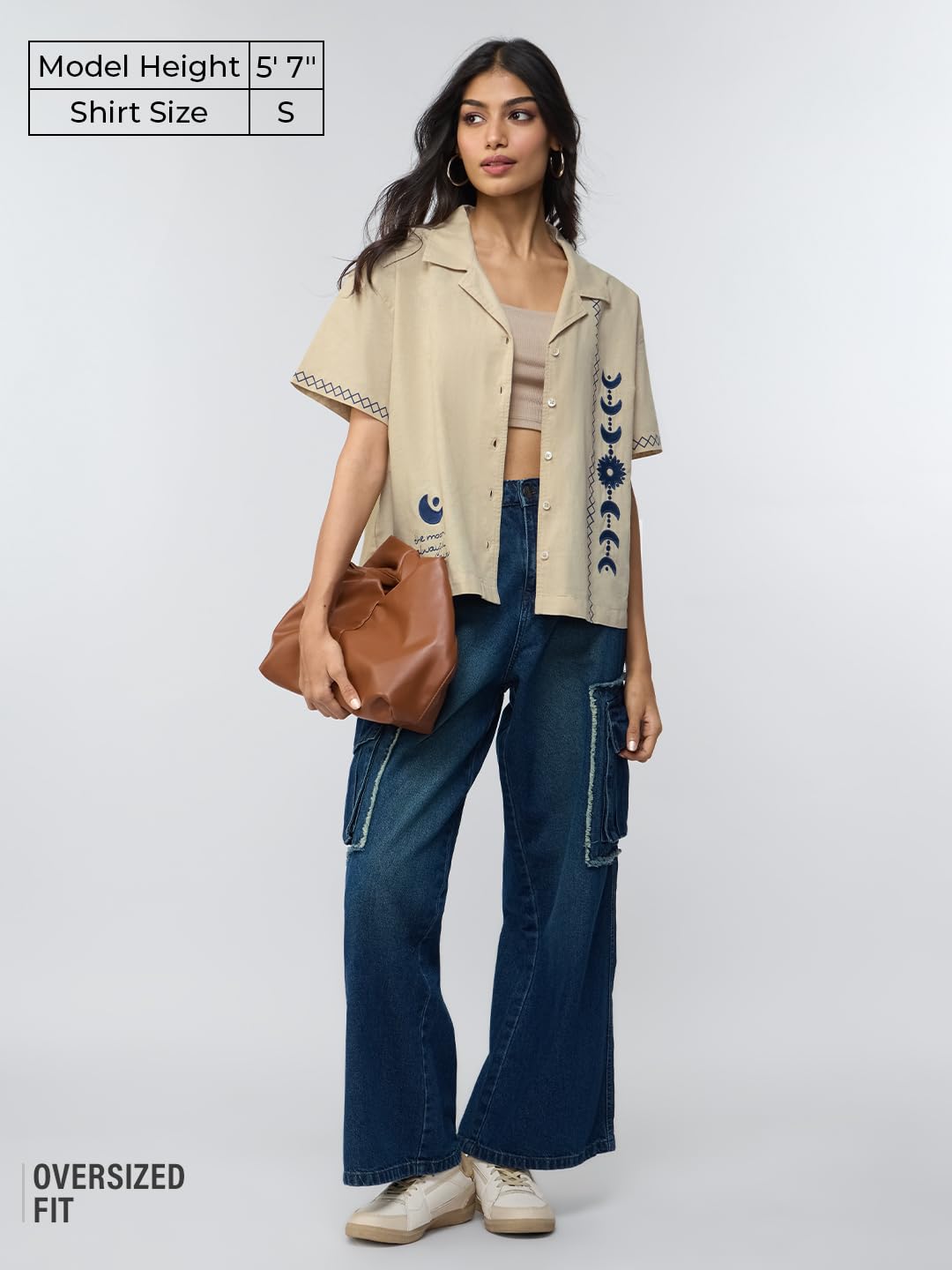 The Souled Store Cotton Linen: Believe Women and Girls Short Sleeves Collared Neck Button Front Beige Embroidered Oversized Fit Lightweight Casual Streetwear Boyfriend Shirts