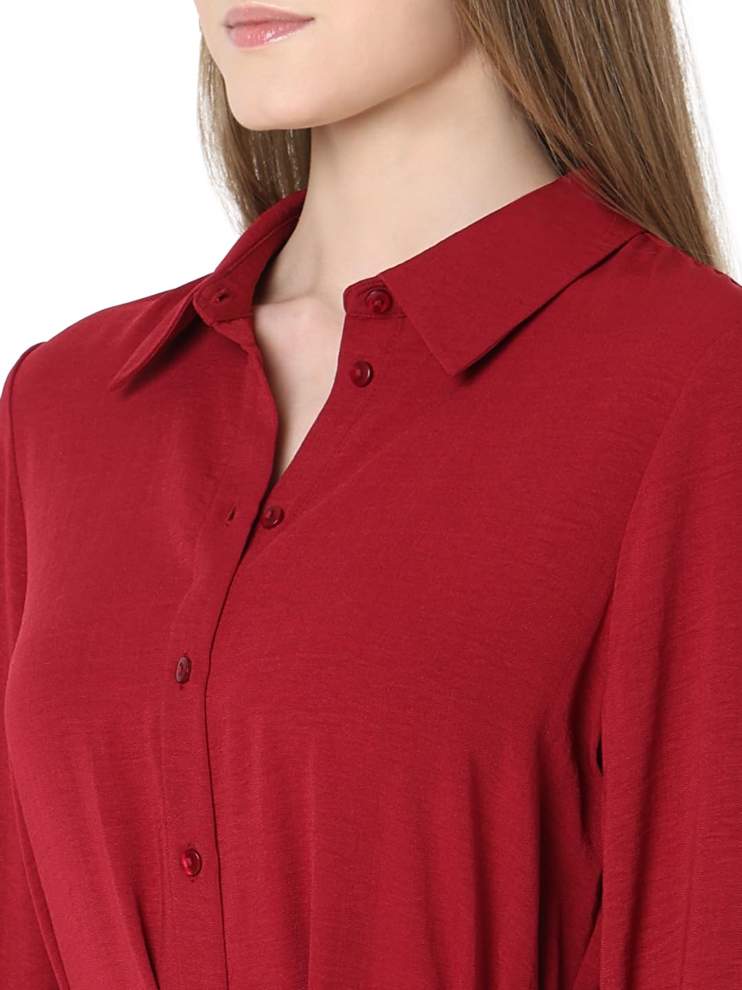 VERO MODA Women Solid Red Polyester Midi Length Shirt Dress