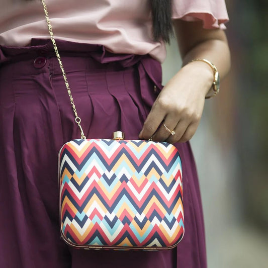 Artklim Multicolor Zigzag Printed Statement Box Clutch with Detachable Strap Chain - Fashion Sling Bag for Occasions & Festivals - Gift for Women