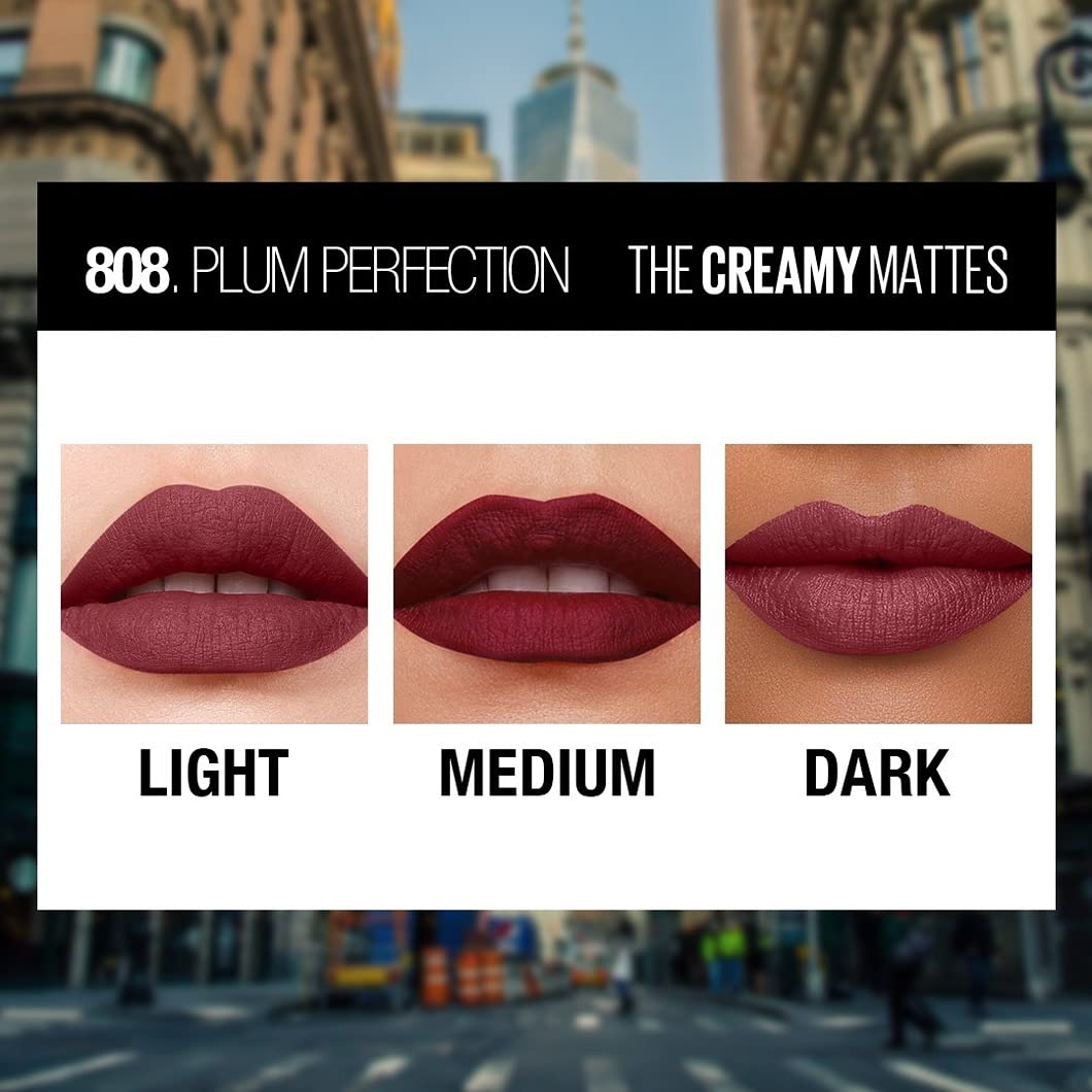 Maybelline New York Color Sensational Creamy Matte Lipstick, 808 Plum Perfection, 3.9g.