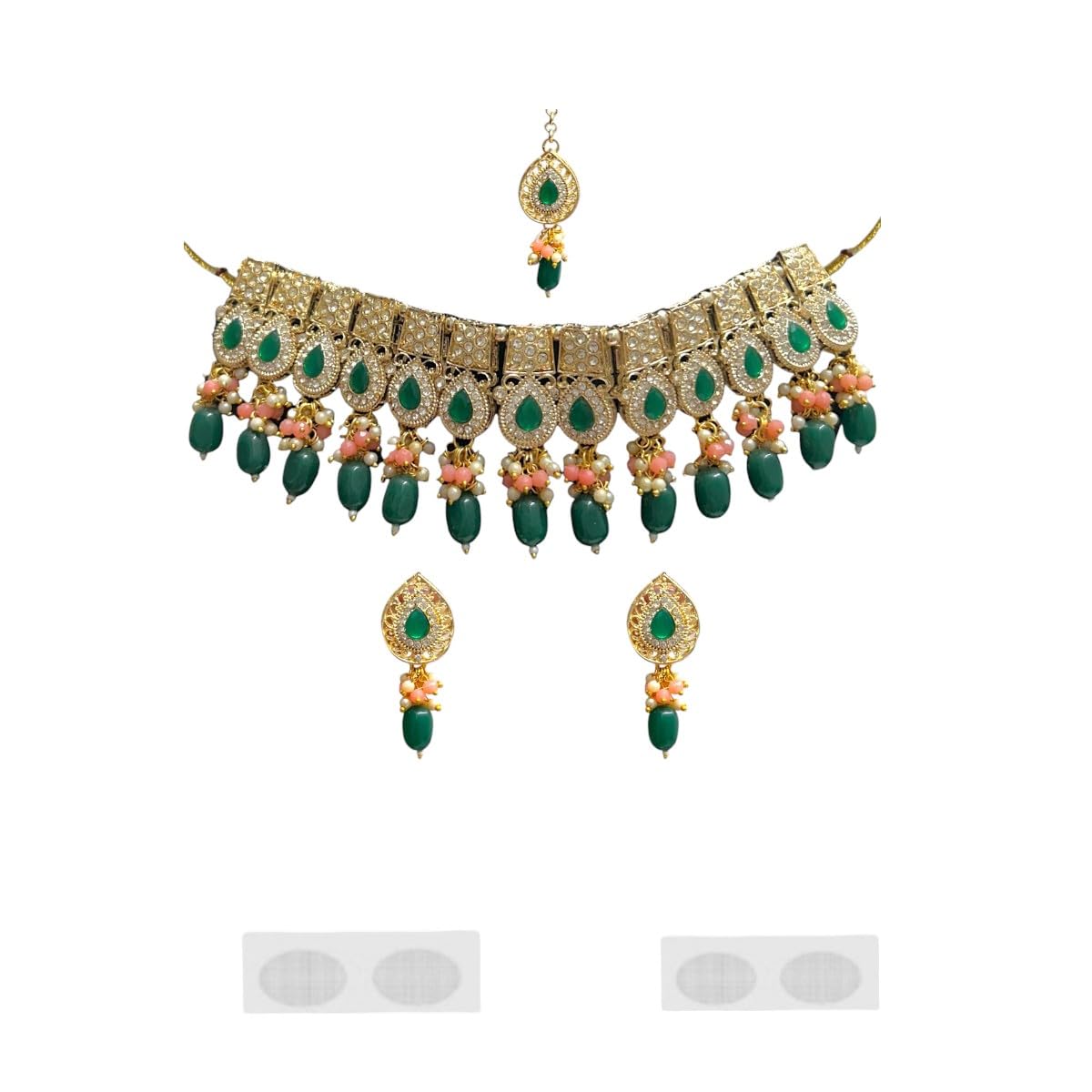 ACCESSHER Gold Tone Sapphire Diamond, AD & Pearls Detail, Manngtikka & Earring Set With a Pair of Transparent Earring supporter sticker & Maangtikka Supporter Patch