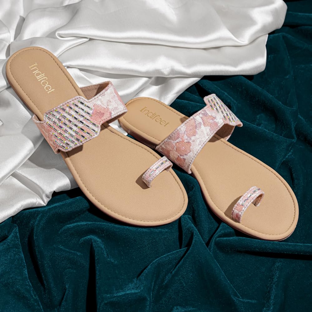 Indifeet Toe Ring Chappals for Women, Ladies Stylish Flats Sandals Footwear, Women's Latest Flat Chappal Slippers, Woman Fancy Ethnic Slipper Sandal, Lady New Soft Wedding Fashion Sandal, Brown