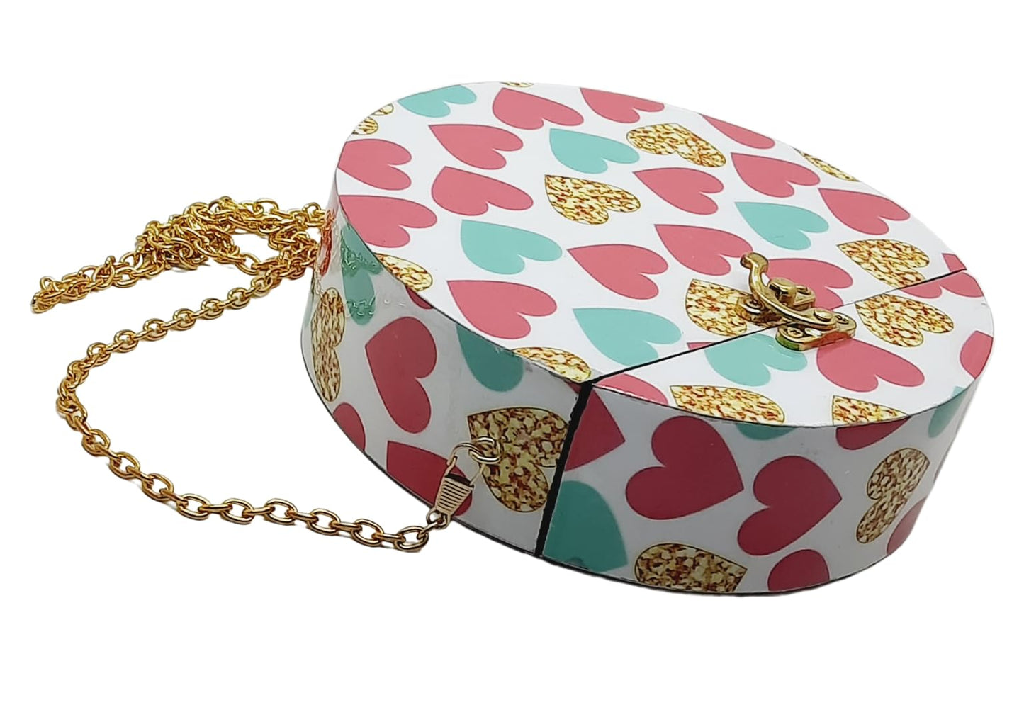 Trend Overseas Women's Handmade Wooden Printed Round Ethnic Clutch Bag/Bridal Purse/Handbag_Crossbody Sling Bags for Party (7.5 Inch) (Pink Heart)