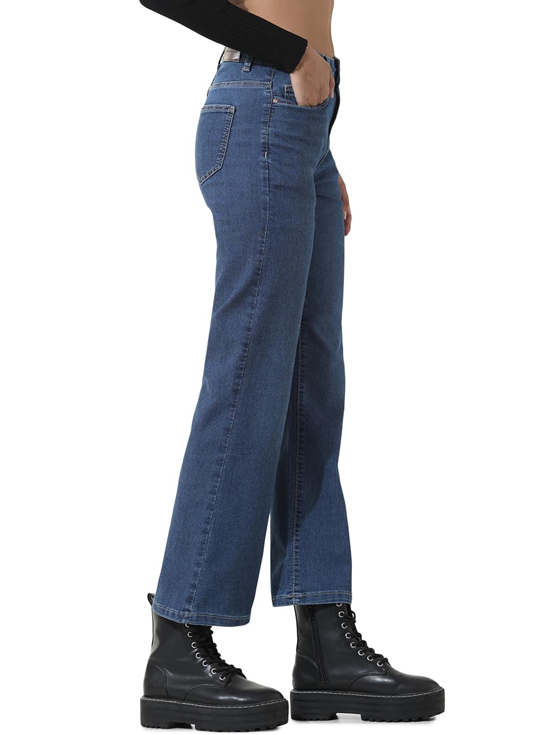 ONLY Women Solid Blue Cotton Flared Mid Rise Jeans