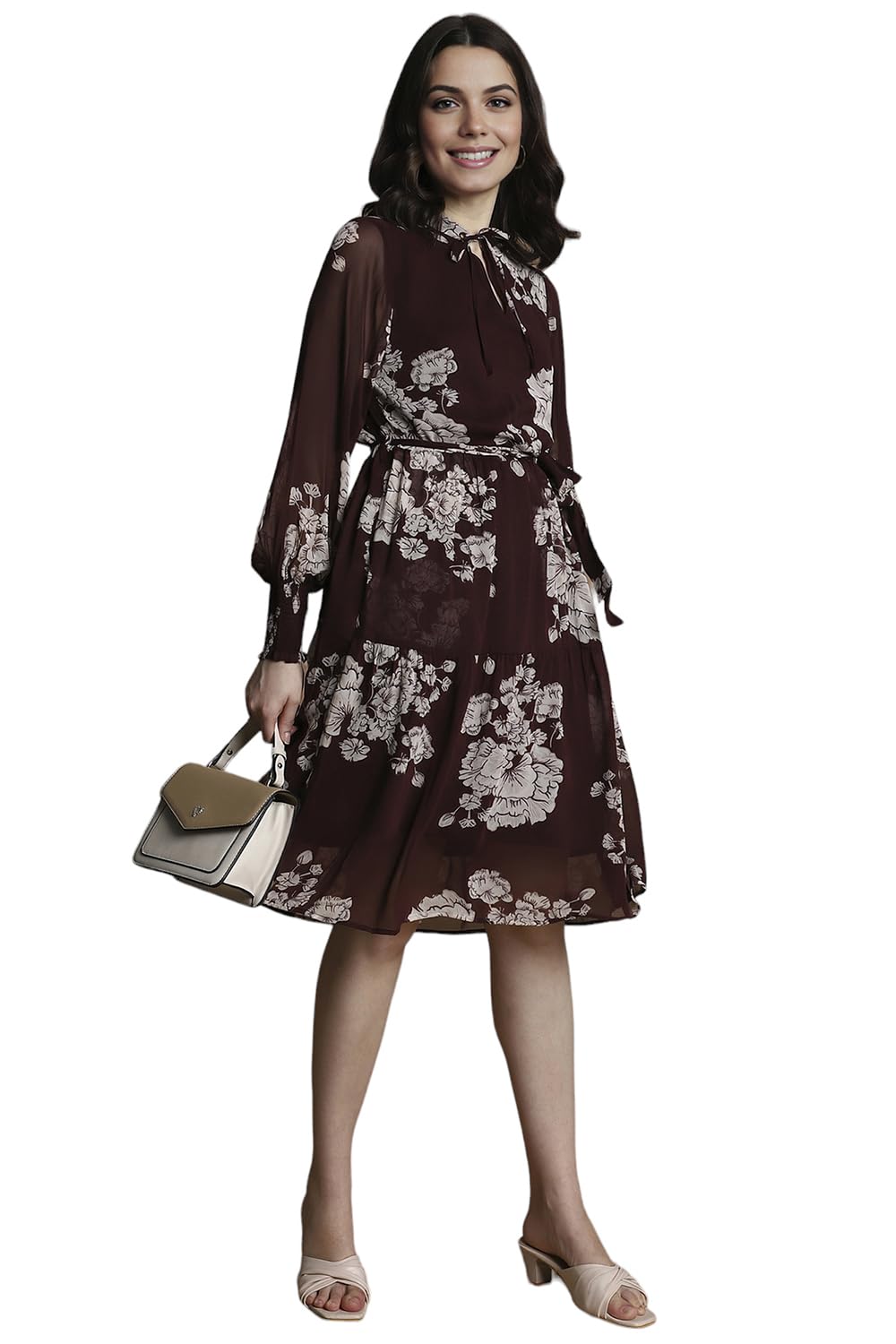 Allen Solly Women's Viscose Modern Knee-Length Dress (AHDRWRGFY56276_Brown