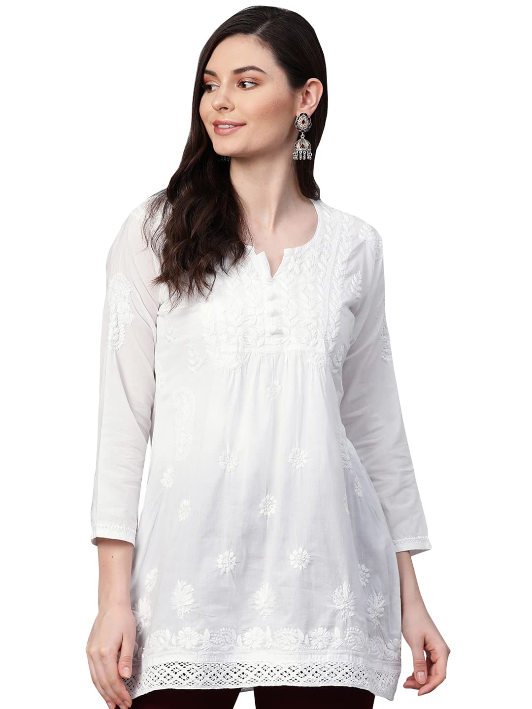 Ada Hand Embroidered Lucknow Chikankari White Cotton Short Kurti Top Tunic for Women A208706 (2XL)