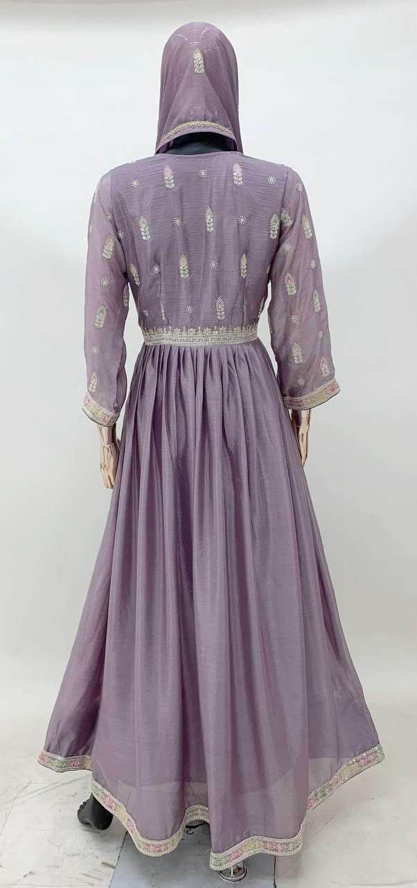 Miss Ethnik Women's Purple Chinon Stitched Top With Dupatta Full Sleeve Embroidered Anarkali Gown (ME-1179-Purple-XXL)