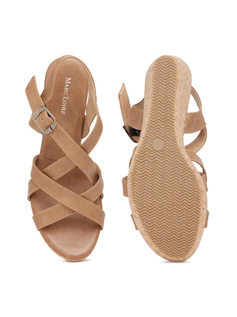 Marc Loire Women's Open Toe Fashion High Heel Buckled Closure Wedges Sandals (Tan, 7)