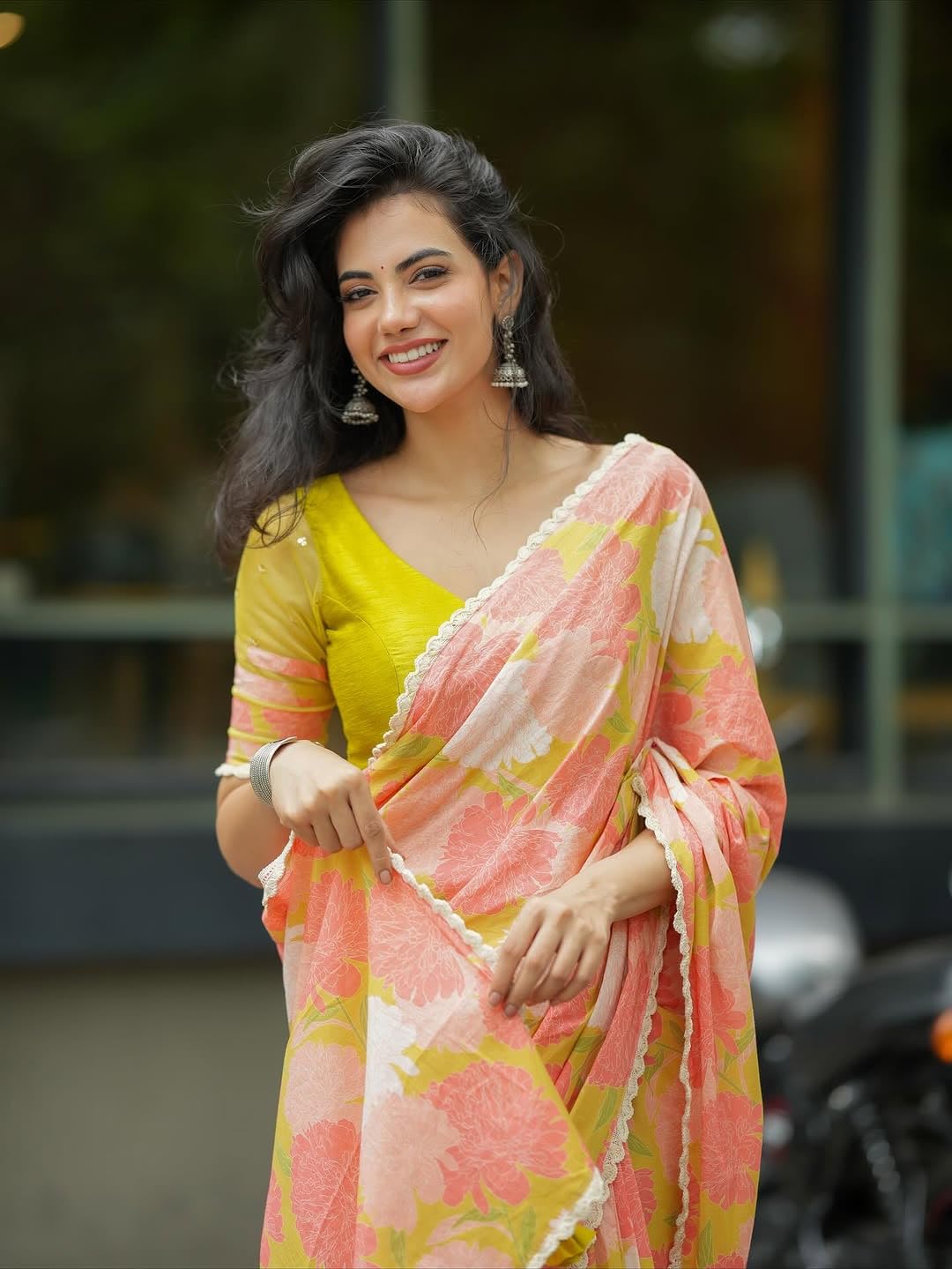 MARGI DESIGNERS Womens New Latest Bollywood Style Linen Cotton Floral Printed Fancy Lace Border Peach Saree with Blouse | Saree For Womens