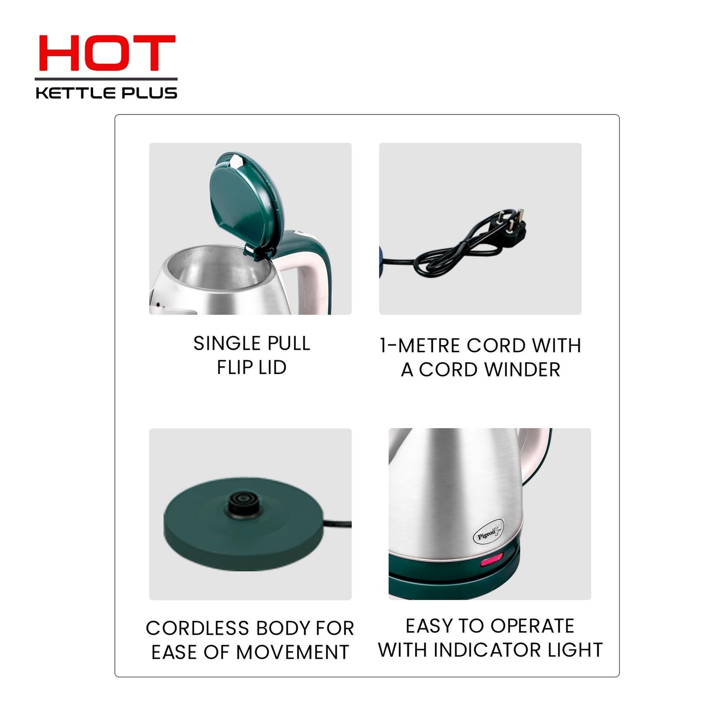 Pigeon by Stovekraft Hot Plus Electric Kettle (16245) with Stainless Steel Body, 1.5 litre, used for boiling Water, making tea and coffee, instant noodles, soup etc. (Green)