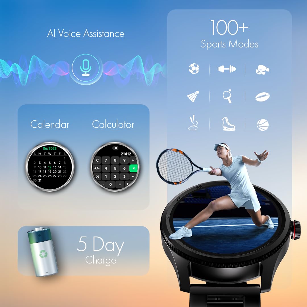 Fastrack Magnus FX1 1.38" Display Metal Case Smart Watch with Single Sync BT Calling, Functional Crown, 100+ Sports Modes, Health Tracking, in-Built Games – Smartwatch for Men (Black)