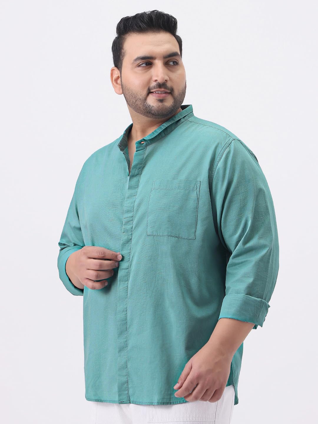 Urbano Plus Men's Light Teal Cotton Full Sleeve Regular Fit Casual Solid Shirt with Band Collar (plusshirtsolbndp-02-lteal-3xl)
