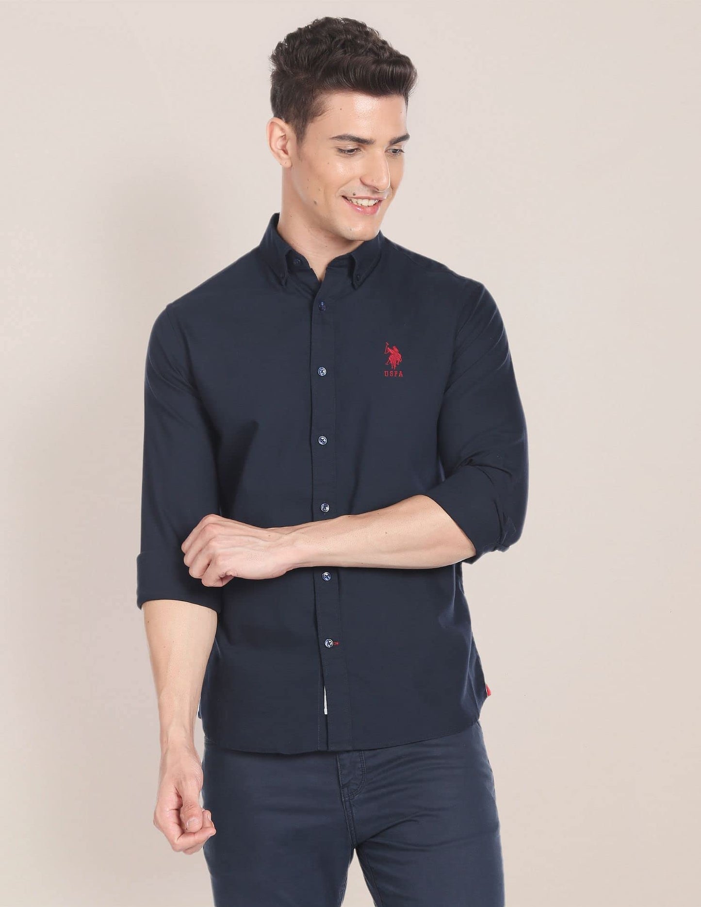 U.S. POLO ASSN. Men's Solid Slim Fit Shirt (USSHTFX0105_Navy