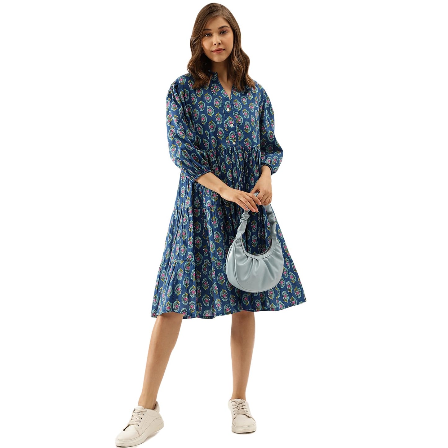 Divena Women's Cotton Fit and Flare Midi Dress (Model_Number#1.Value_Blue