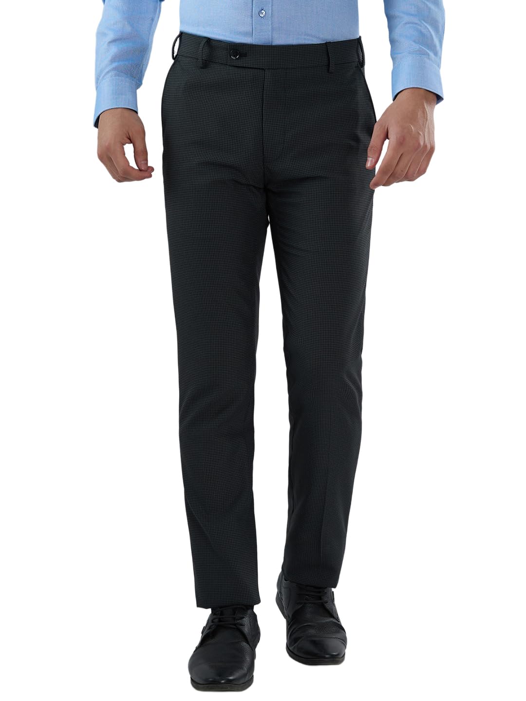 Raymond Men’s Slim Fit Formal Trousers, Poly Viscose Blend, Checked Pattern Design, Office Wear | Dark Grey