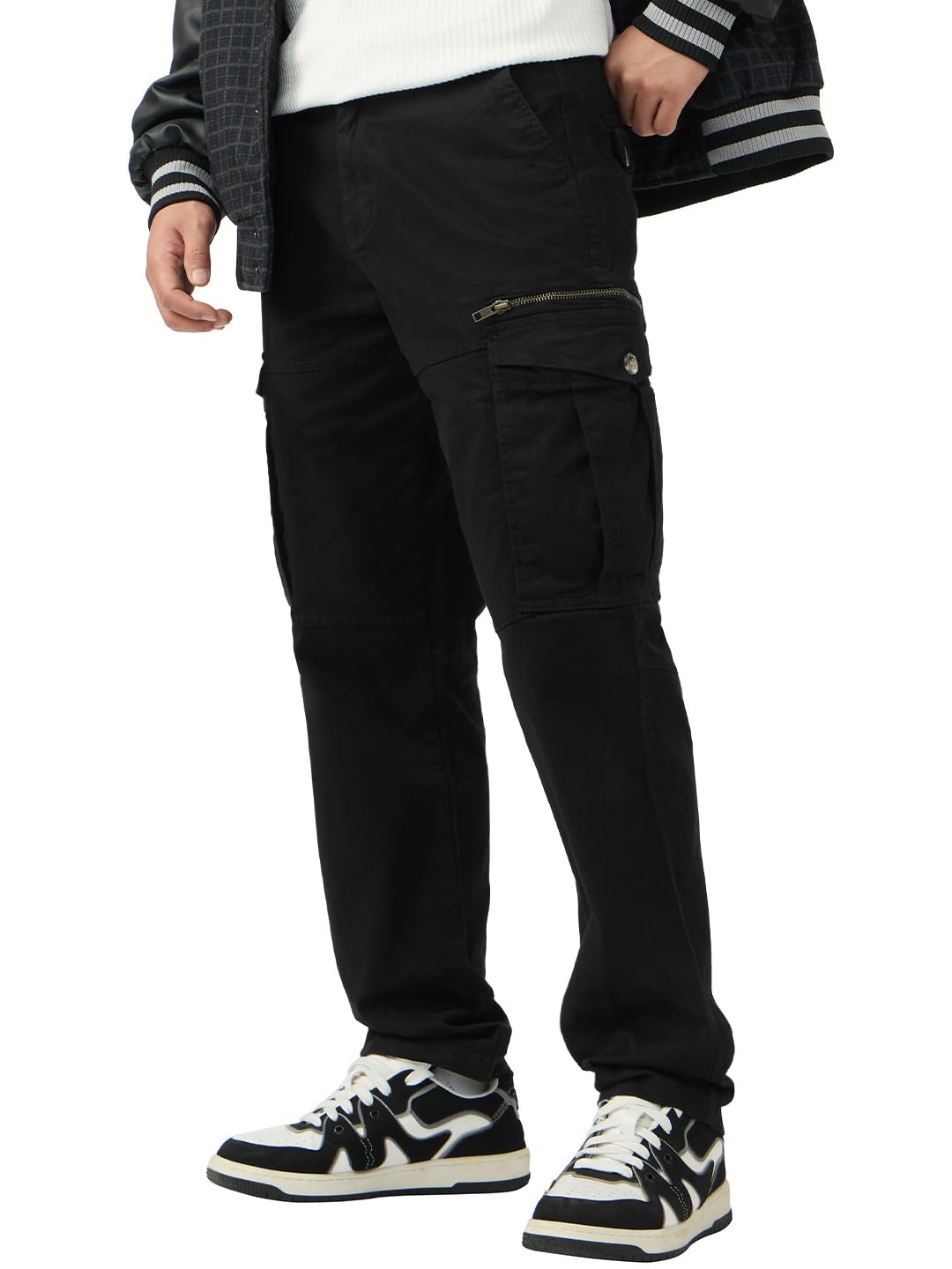 The Souled Store Solids: Black Men and Boys Buttoned Cotton Straight Fit Cargo Pants