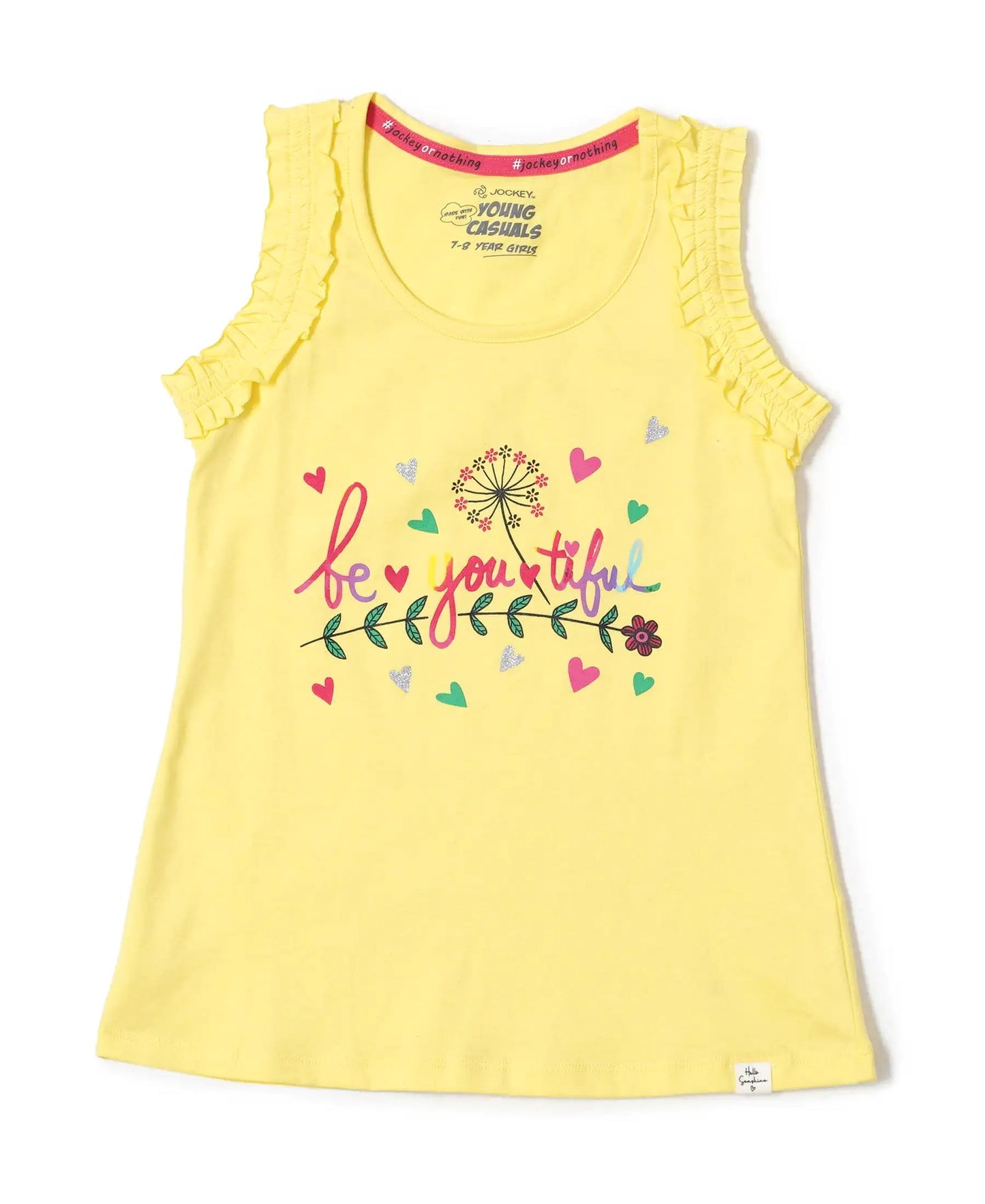 Jockey Girls Super Combed Cotton Rib Regular Fit Solid Tank Top with Graphic Print_Style_CG19_Yellow Cream_7-8 Yrs