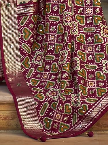SAREE MALL Women's Ikat Printed Mirror Work Cotton Silk Saree With Unstiched Blouse Piece (Navy Blue_AARIP497D_RW)