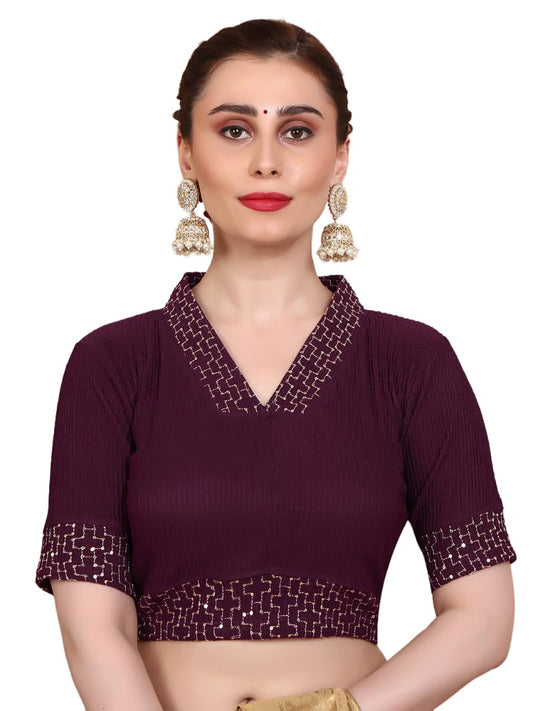 SALWAR STUDIO Wine Stretchable V Neck Non Padded Readymade Saree Blouse - to Fit Bust 32" to 38" Inches