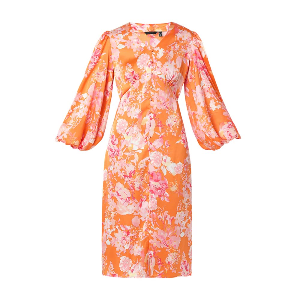 VERO MODA Printed Polyester V Neck Women's Midi Dress (Orange,Xs)