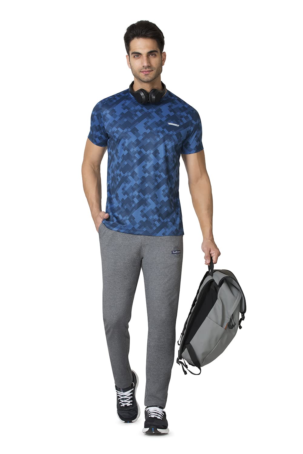 Van Heusen Performance Men T-Shirt - 100% Polyester Interlock - Swift Dry, Crew Neck, Short Sleeve, Allover Print_61008_Limoges Blue_L