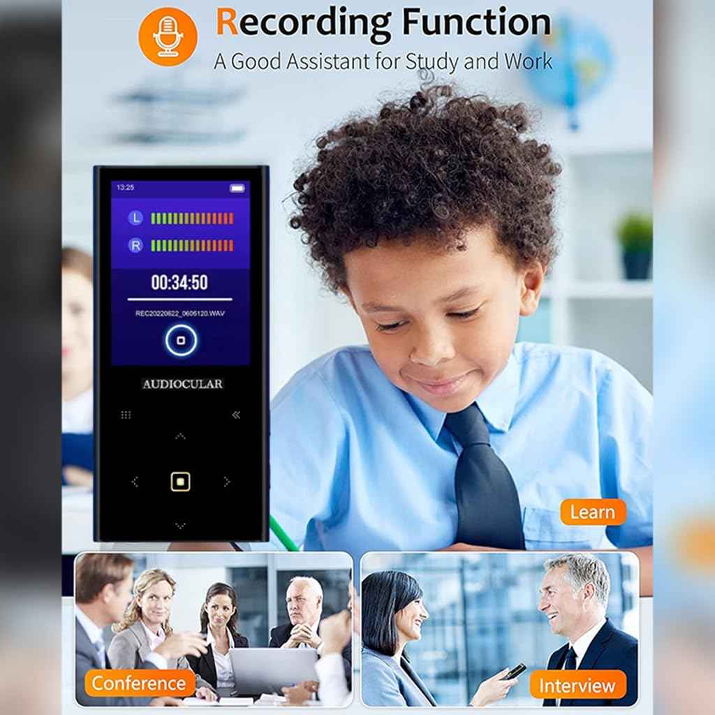 AUDIOCULAR M21 32GB Portable Mp3 Music Player with Bluetooth, 2.4” LCD Touch Screen, Video Playback, Built-in Speaker, Voice Recording Function, Pedometer, Mini Pocket Mp3 Player (32GB - Black)