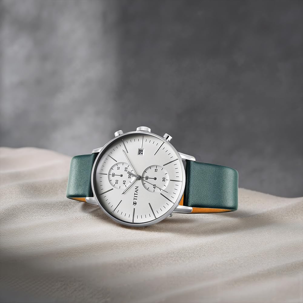 Titan Infinity Display Quartz Chronograph with Date Silver Dial Dark Teal Green Leather Strap Watch for Men - NT90146SL01