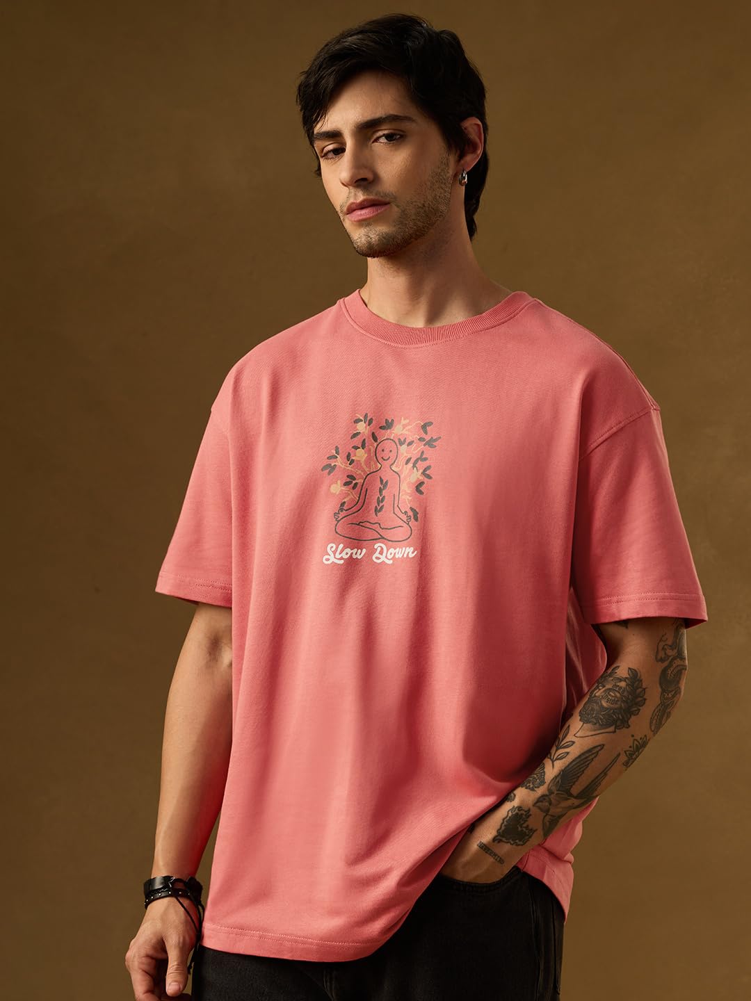 The Souled Store Slow Down Men and Boys Short Sleeves Round Neck Pink Embroidered Cotton Oversized T-Shirts