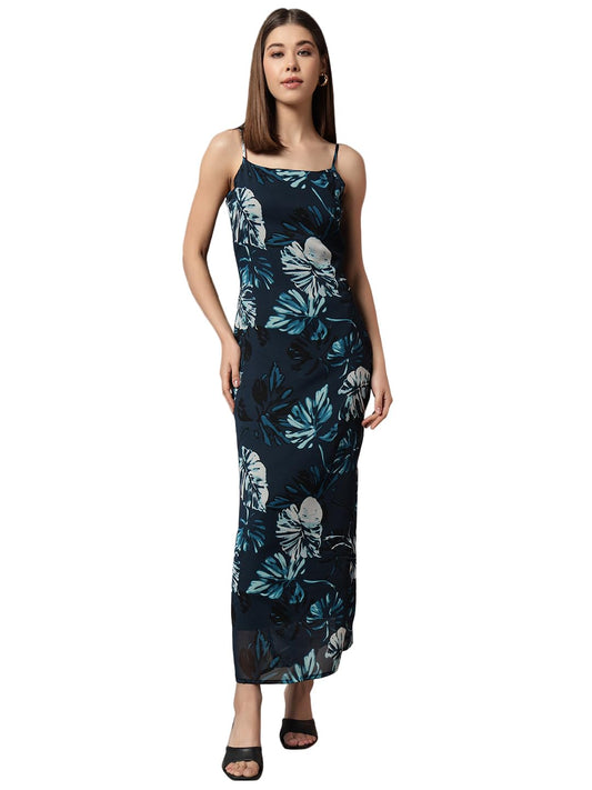 Trend Arrest.ed Women's Polyester Sheath Maxi Dress (D5394_Blue
