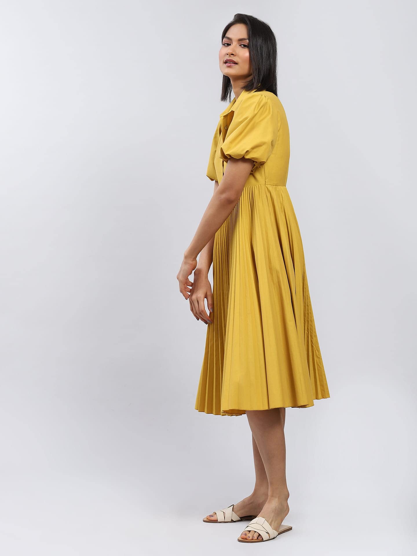 Label RITU KUMAR Mustard Button-Up Midi Dress with Pleats