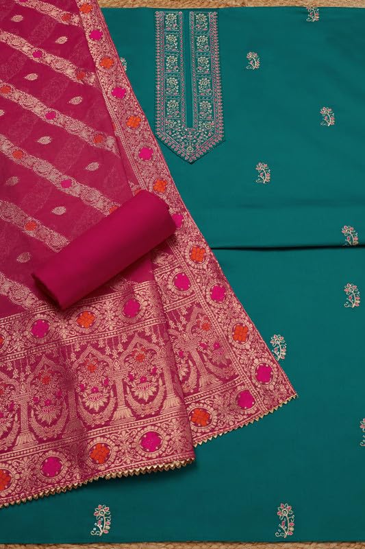 Soch Womens Turquoise Blue Cotton Blend Embroidered Unstitch Dress Material With Sequins