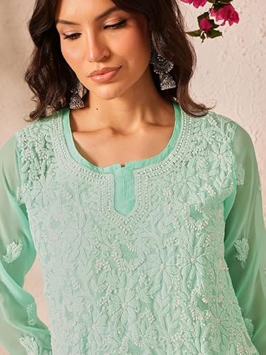 Ada Hand Embroidered Lucknowi Chikankari Georgette Short Kurti Top Tunic for Women A911500 Aquamarine (XS)