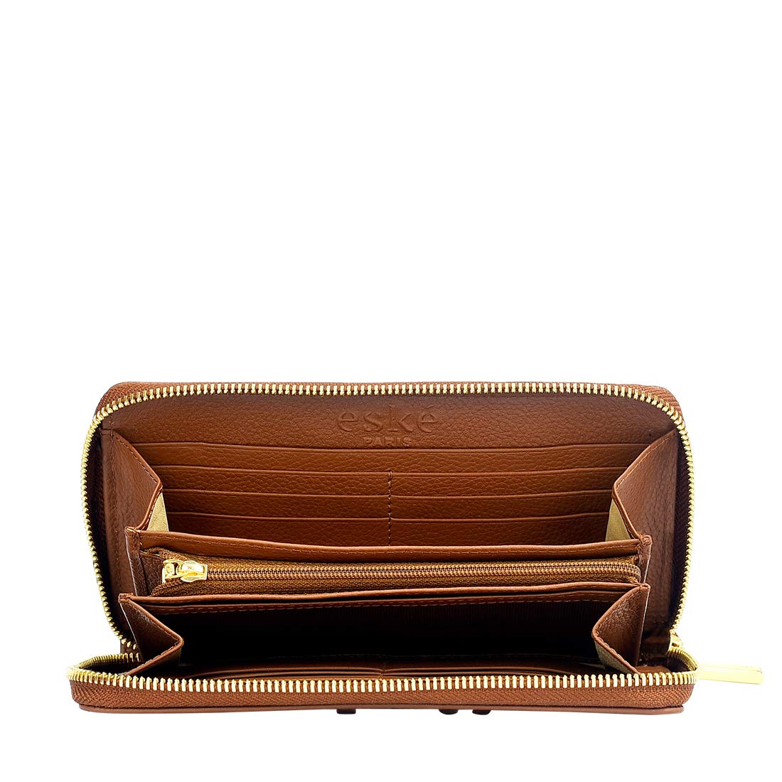 eske - Zip Around Wallet - Genuine Leather - Holds Cards, Coins and Bills - Compact Design - Pockets for Everyday Use - Travel Friendly - Water Resistant - for Women (Cognac)