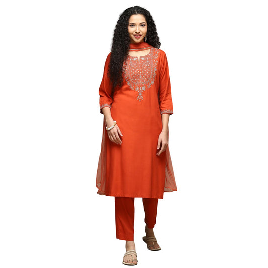 BIBA Women's Rayon Kurta Suit Set (SKDASRTD8492ESS23BUNTORG_Burnt Orange