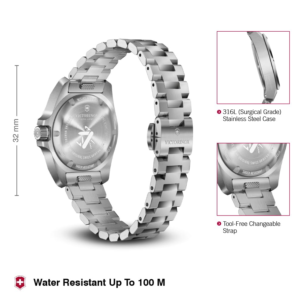 Victorinox I.N.O.X. Small, Swiss Made Women's Watch | Black Dial, 32 mm, 100M Water Resistant, Stainless Steel Case, Quartz Movement, Stainless Steel Bracelet | 242036