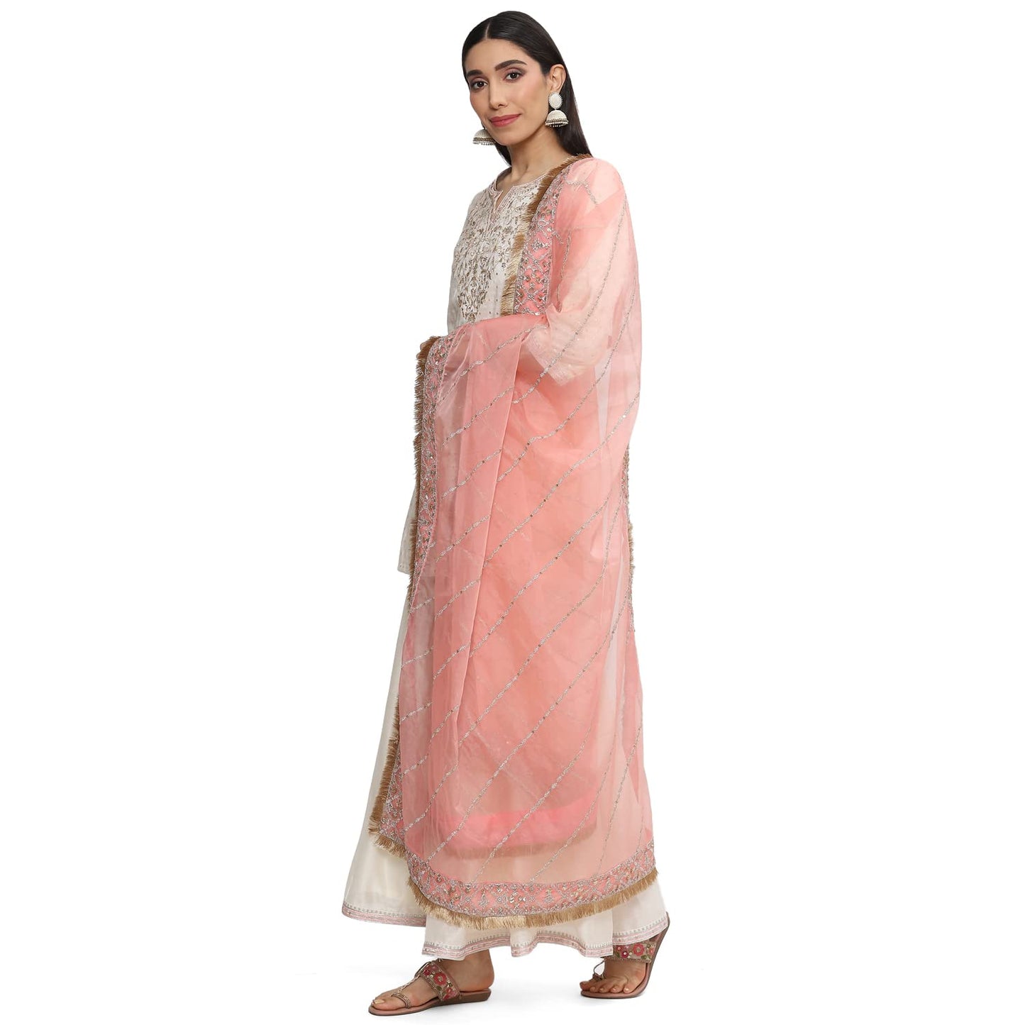 BIBA WOMEN EMBROIDERY RELAXED SALWAR KURTA DUPATTA(SKDKIRAN8471_OWHT/BLUSH PNK_32)