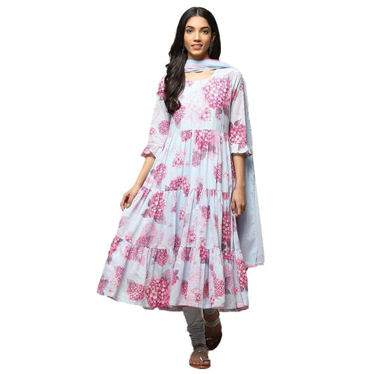 BIBA Women Printed Fitted Voile Salwar Regular Fit Kurta Dupatta(Skdphool Ph8654_Powder Blue_42)