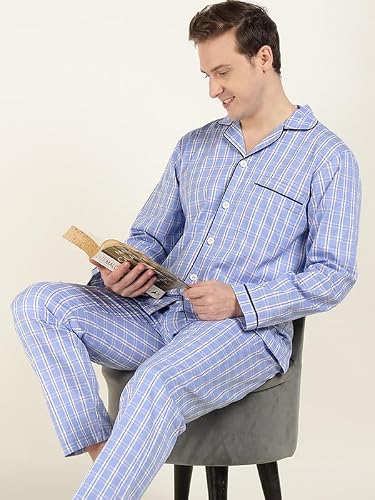 Hancock Men Cotton Checked Relaxed Fit Night Suit Blue Size M