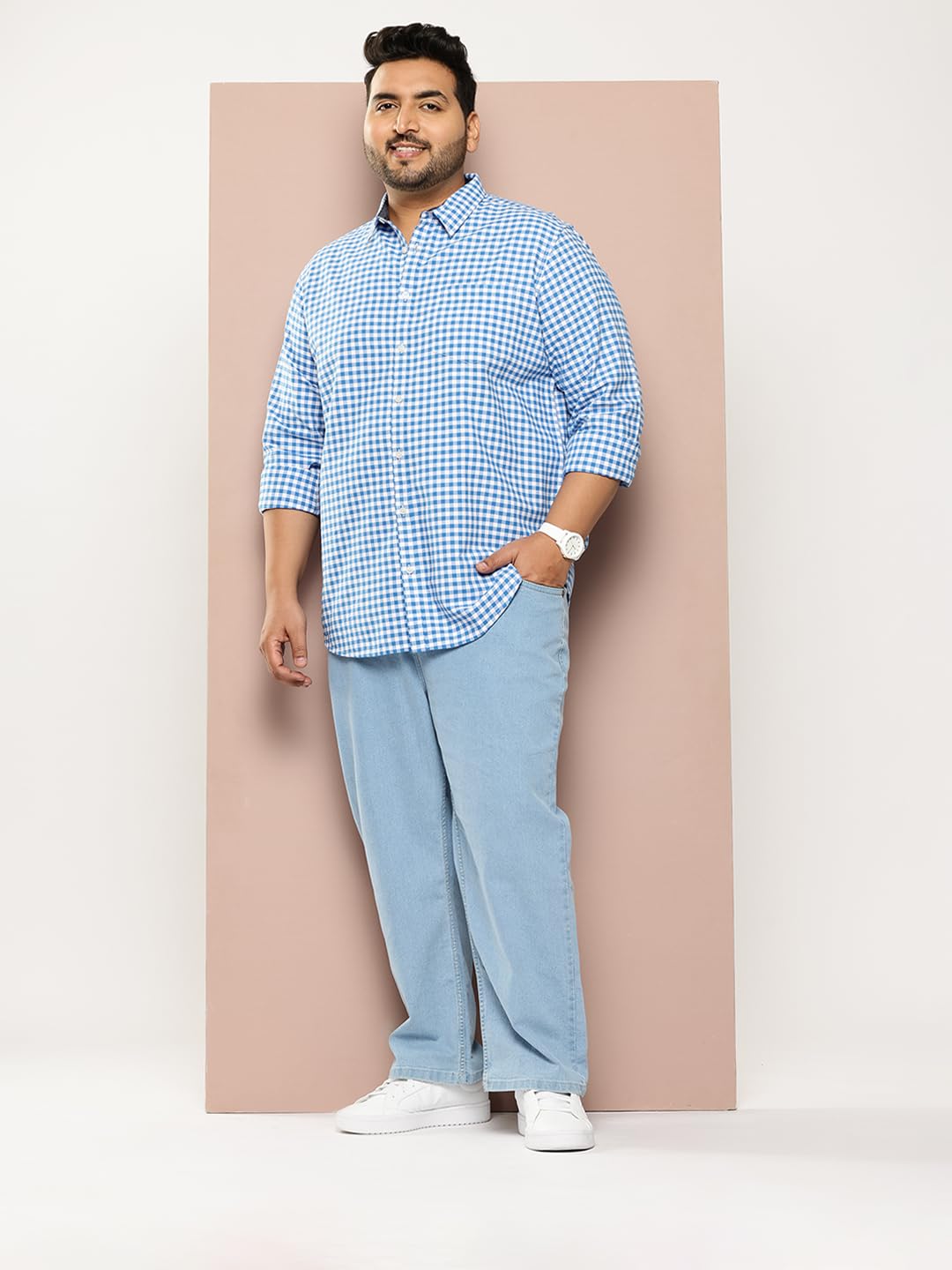 Thomas Scott Men | Long Sleeves | Gingham Checks | 100% Cotton | Spread Collar | Casual Shirt | (Available in Plus Size)(TS1481_Blue_XL)