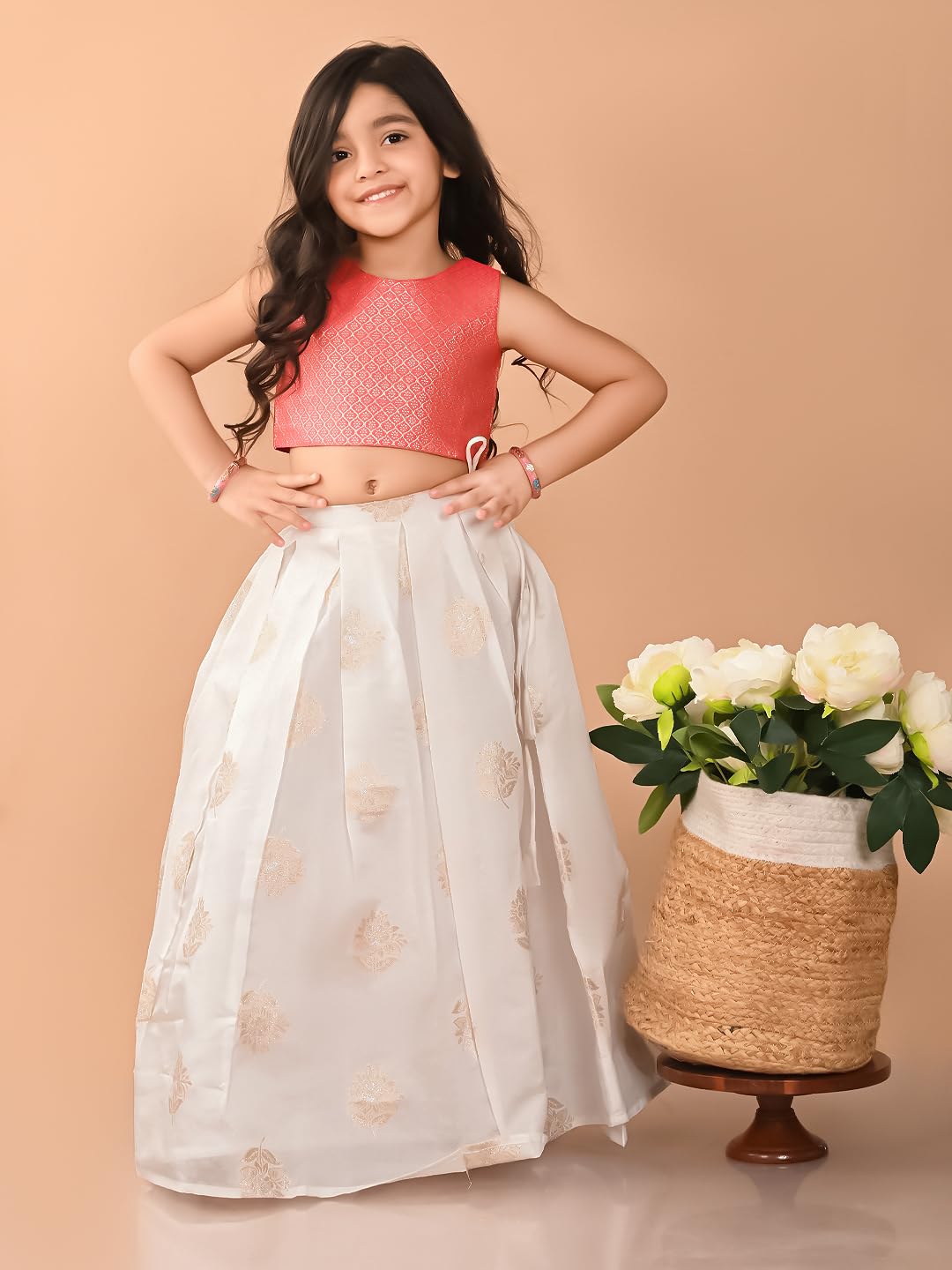 LILPICKS Embossed Sleeveless Blouse with Batik Printed Lehenga Set for Girls (Pink White) (9-10Y)